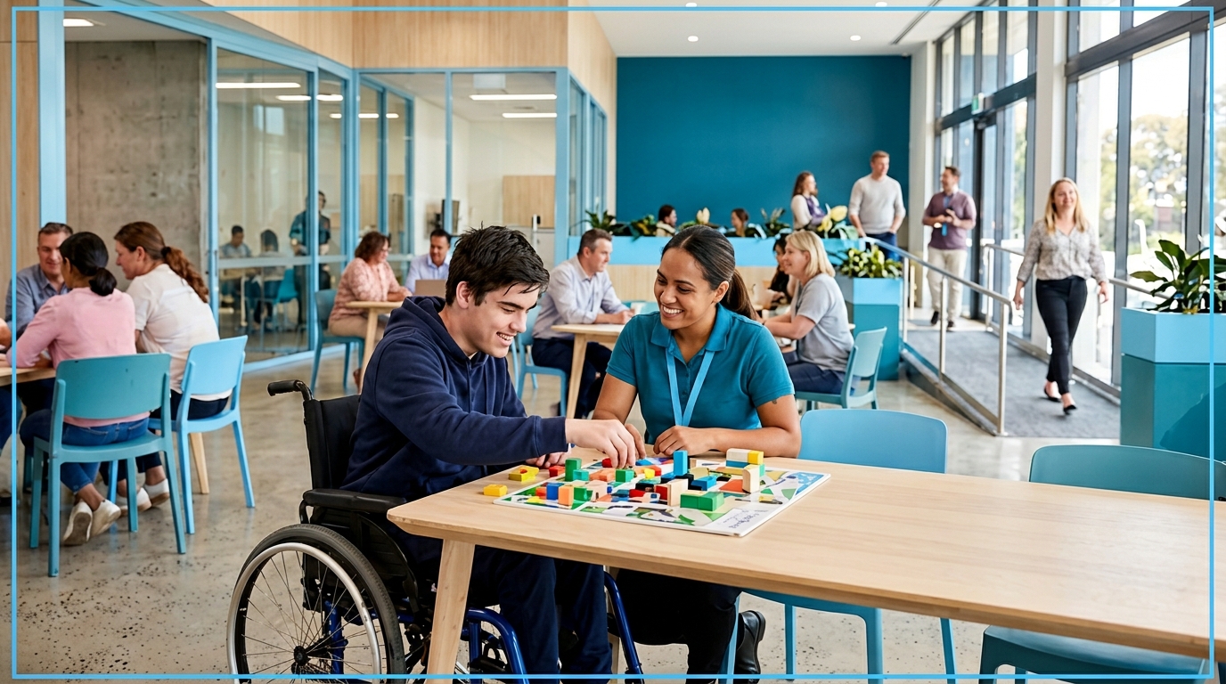 NDIS participant and support coordinator reviewing plan on a tablet