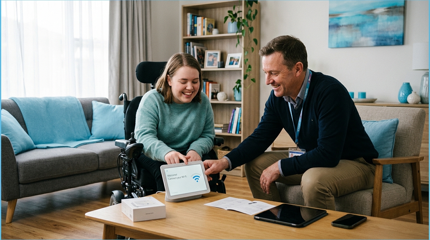 Support coordinator helping an NDIS participant with a tablet